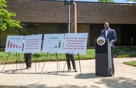 County Executive Calvin Ball speaks at press conference unveiling Housing Opportunities Master Plan and outlining new affordable housing initiatives.