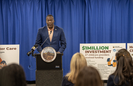 A photo of County Executive Calvin Ball speaking to attendees at his press conference on April 10, 2025 about expanding childcare.