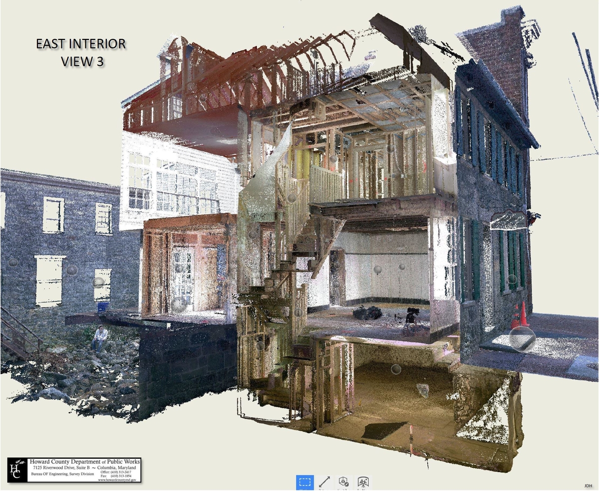 This building was one of the properties purchased by Howard County for Flood Mitigation purposes and is a composite of our scans, looking from the east with the wall digitally removed
