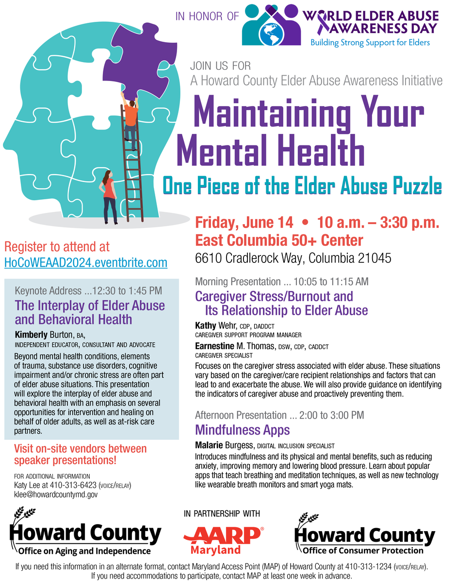 A flier with information about the World Elder Abuse Awareness event on June 14 at the East Columbia 50+ Center. 