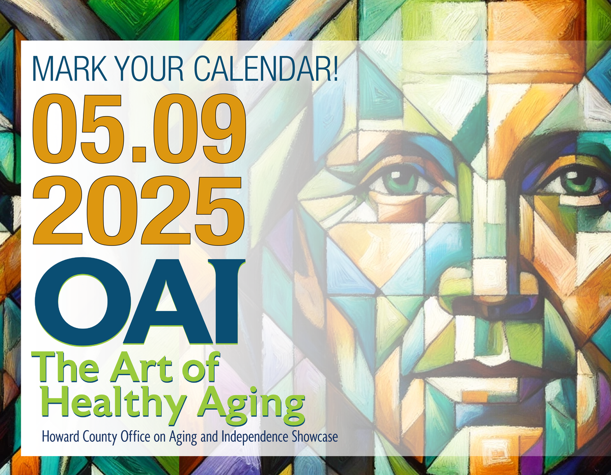 Cubist image of older adult woman with words "Mark Your Calendar, 05.09 2025 OAI, the art of healthy aging