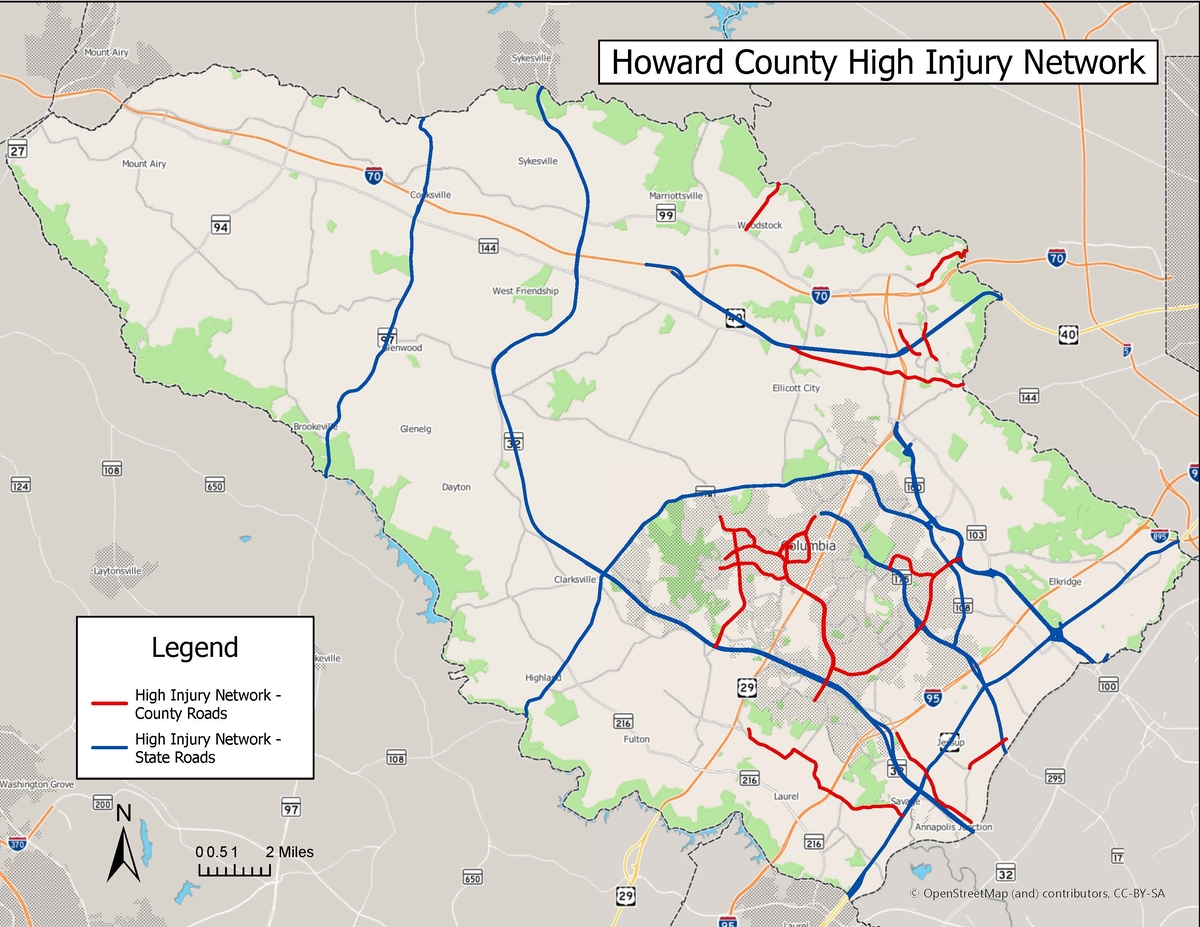 Howard County High Injury Network Map from 2021 to 2023