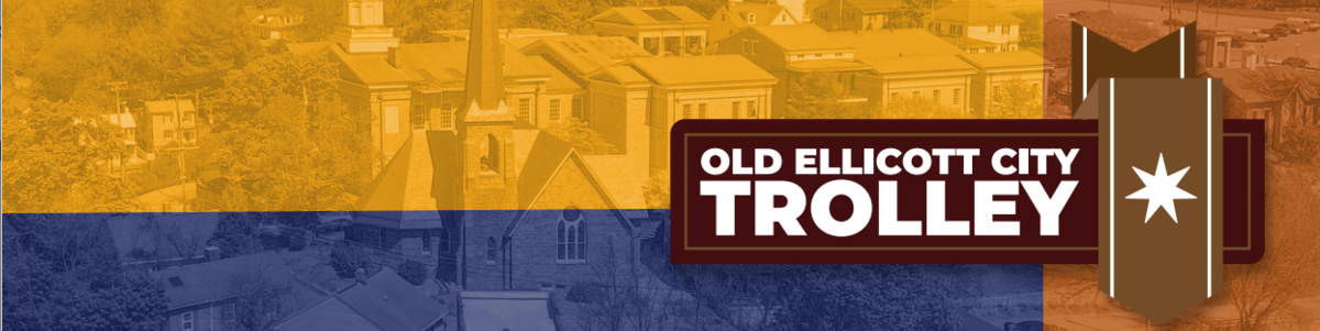 Logo for the Old Ellicott City Trolley with a brown star seal and the skyline of Ellicott City overlayed with a yellow, blue, and brown color scheme