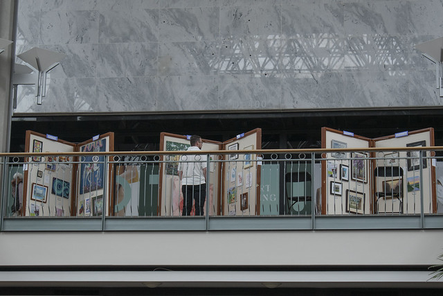 Man viewing the art show display at the mall