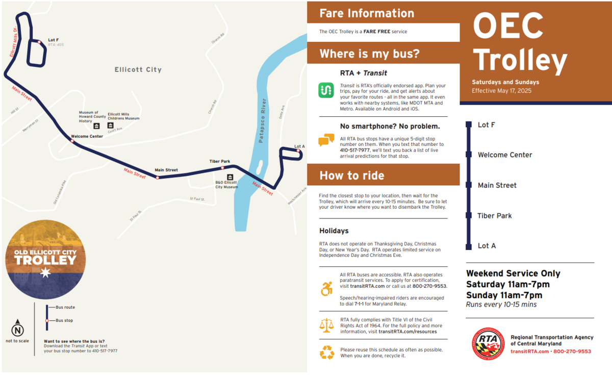 Brochure for the new Old Ellicott City Trolley service. The brochure identifies stops long the service route, Saturday Sunday service from 11am to 7pm for hours of operation, and no cost for riders who take the service.
