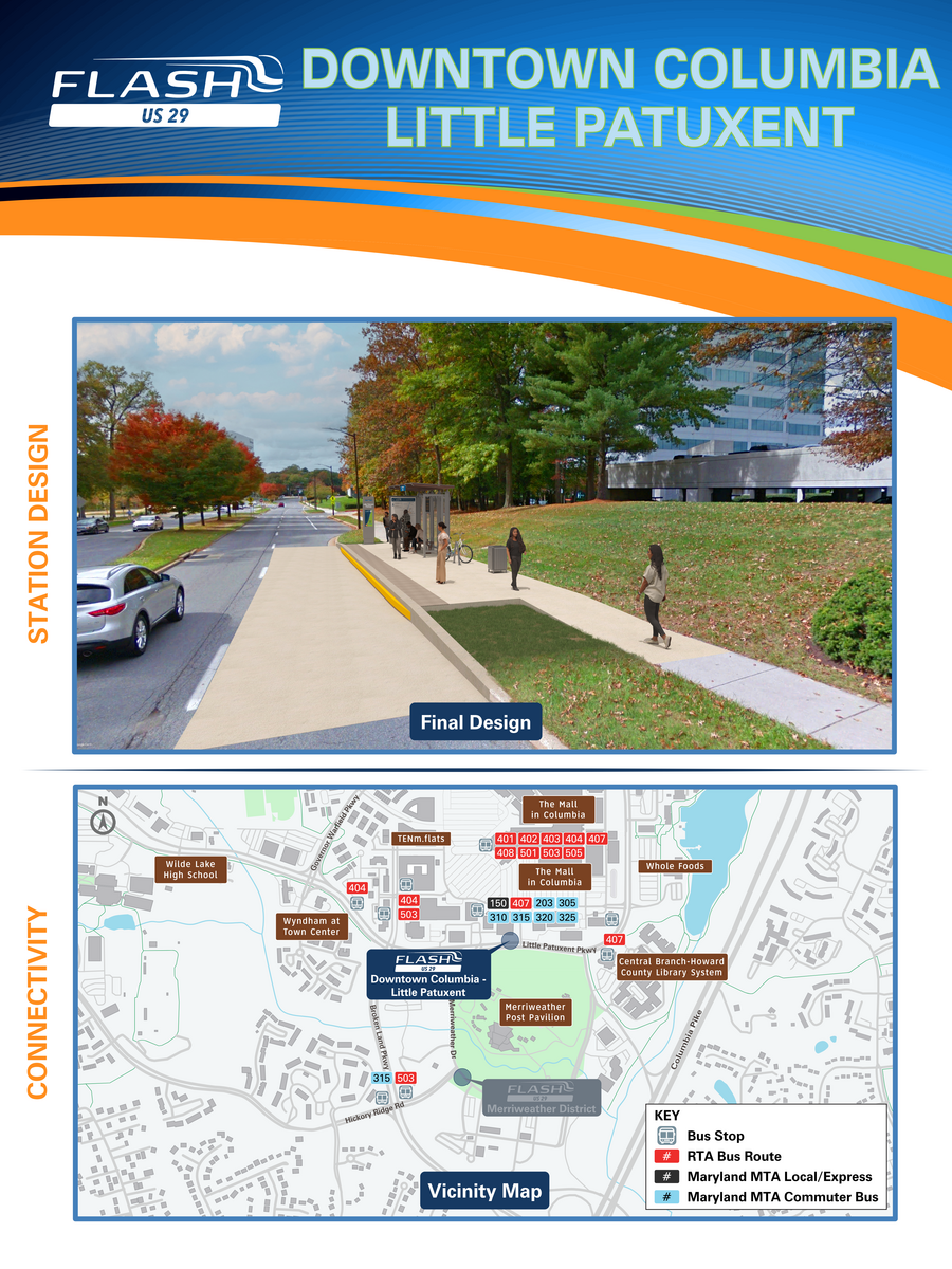 Board showing Flash station design and area map for station at Little Patuxent Parkway.