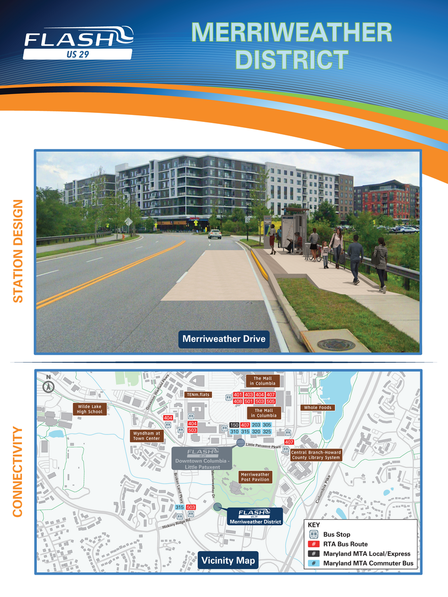 Board Showing Flash BRT Station Design and Map of Area at Merriweather Drive in Downtown Columbia