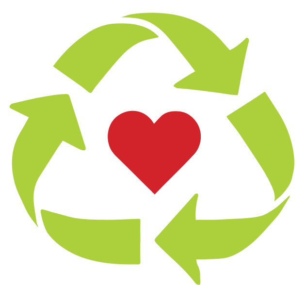 Recycle symbol with a red heart in the middle for DCRS' pre-loved giveaway event