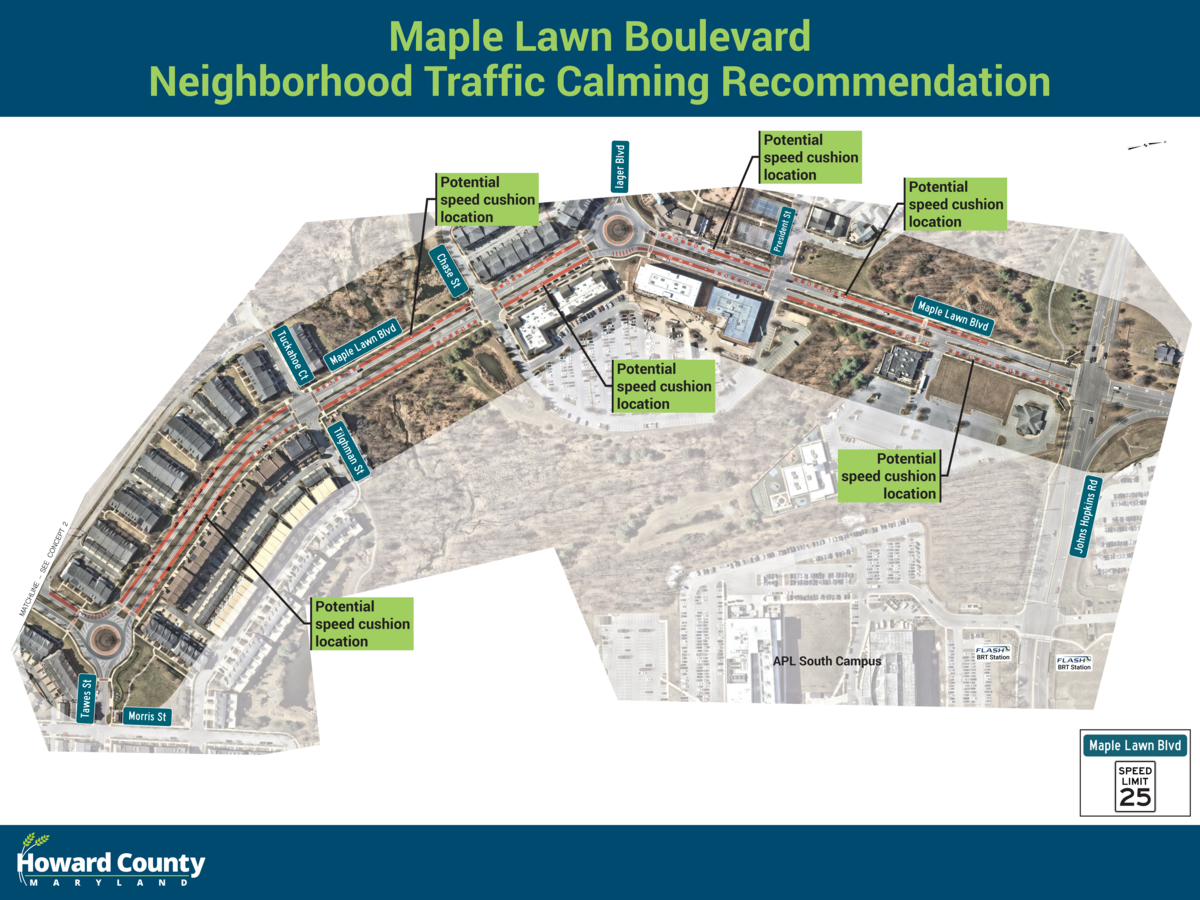 Maple Lawn Boulevard Neighborhood Traffic Calming Recommendations on northern portion of the roadway.