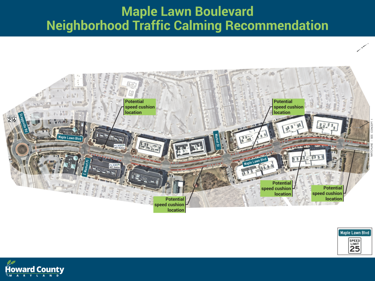 Maple Lawn Boulevard Neighborhood Traffic Calming Recommendation on southern portion of roadway.