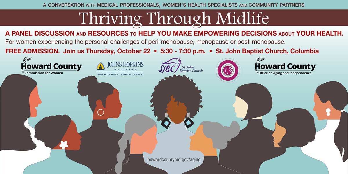 Thriving Through Midlife will be held on October 22 at St. John Baptist Church. Promotional graphic of silhouettes of women's faces.