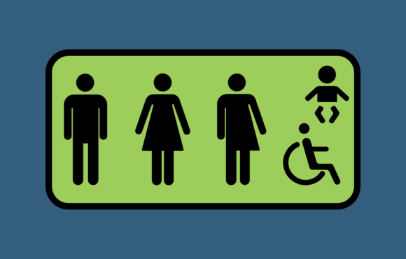 A green sign with black figures of a person in pants, person in a dress, person in a wheelchair, and baby on a dark blue background. 