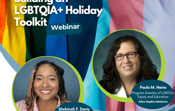 A flyer for "Building and LGBTQIA+ Holiday Toolkit Webinar" featuring a photo of a woman with light brown skin and pink highlighted black hair, and a woman with white skin, glasses, and dark brown hair. 