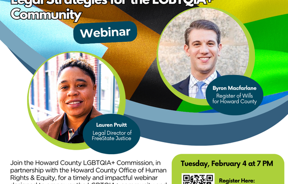 An event flyer featuring Byron Macfarlane, a person with short straight hair wearing a blue blazer and a blue tie, and Lauren Pruitt, a person with short curly hair wearing a brown blazer. Onscreen text reads: Safeguarding Our Rights: Legal Strategies for the LGBTQIA+ Community Webinar, Tuesday, February 4 at 7PM.