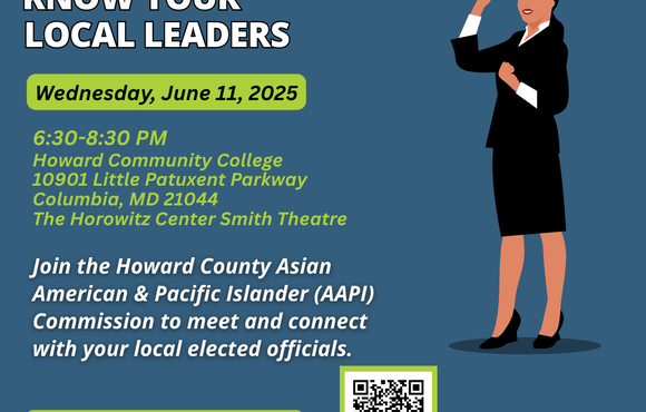 A blue, white, and green flyer featuring a graphic of a woman in a business suit. Onscreen text reads: Know Your Local Leaders, Wednesday, June 11, 2025.