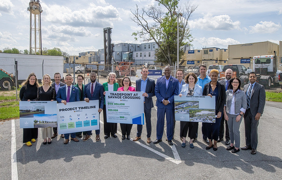 A photo of County Executive Calvin Ball and attendees at a press conference to announce Tradepoint Atlantic is establishing a new location in Howard County.