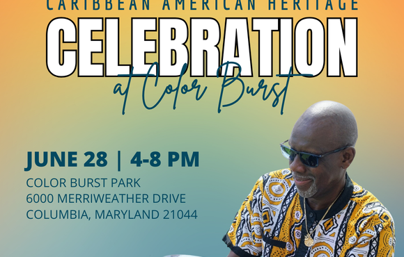 Yellow and green banner for the Caribbean American Heritage Celebration on June 28 at Color Burst Park