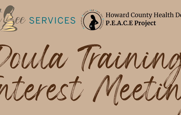 Doula Training interest meeting. Text on brown background