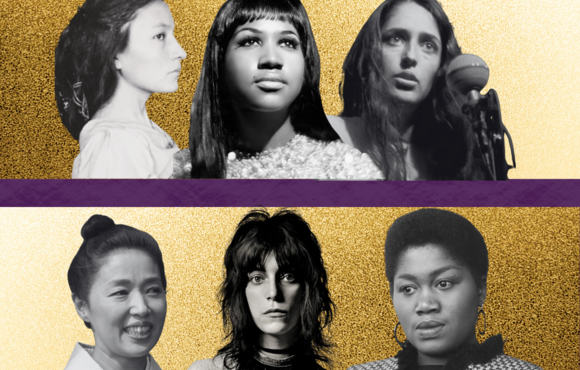 A purple and gold flyer featuring black and white photos of six musicians and women's right's activists. 