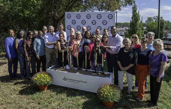 A photo of County Executive Calvin Ball and attendees at the groundbreaking ceremony for Community Action Council of Howard County's new Route One Corridor Campus.