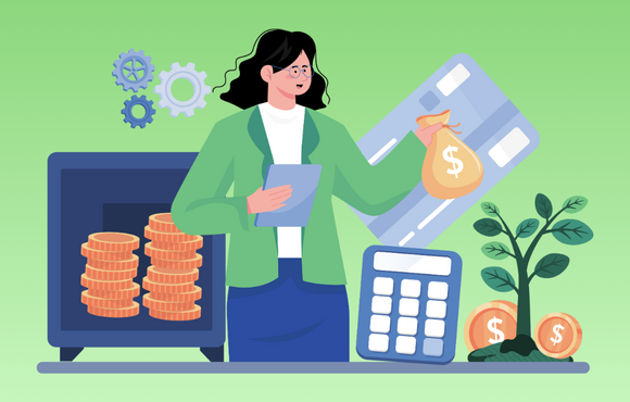 A graphic of a person with shoulder-length hair completing financial tasks on a green background. 