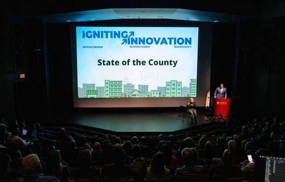 A photo of County Executive Calvin Ball delivering his 2025 State of the County address at Howard Community College on September 30 2025.