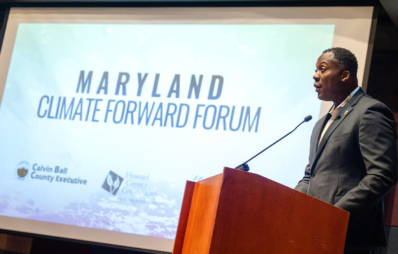 A photo of County Executive Calvin Ball speaking to attendees at Howard County's Maryland Climate Forward Forum.