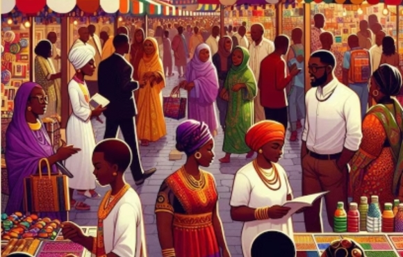 A variety of people in African dress shop at an open-air market. 