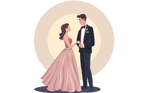 An illustrated couple wearing elegant clothing dancing