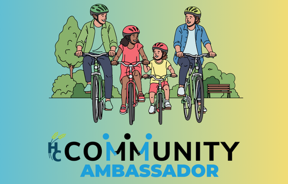 A graphic of four people riding bicycles over a "Community Ambassador" logo