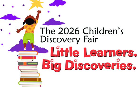 Children's Discovery Fair 2026 logo with a child on a stack of books