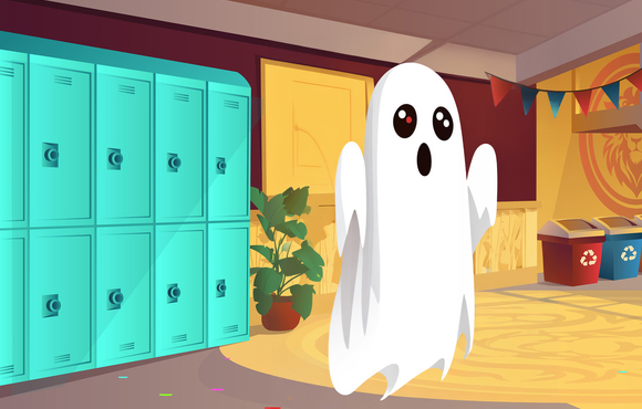 Cartoon ghost in a school hallways
