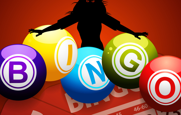 Bingo Halloween Red Background with Black Silhouette of a Creepy Witch Bingo Balls and Bingo Cards