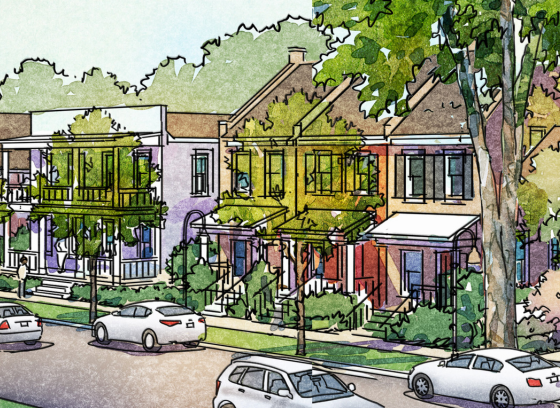 Illustration of a neighborhood, including homes, cars, and trees