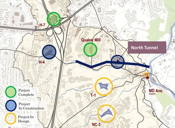 Map of the Safe and Sound Flood Mitigation projects in Ellicott City.