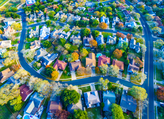 Aerial view of housing suburb during fall 