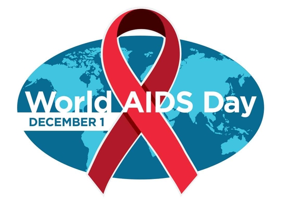 Word Aids day graphic. Red ribbon over oval globe design