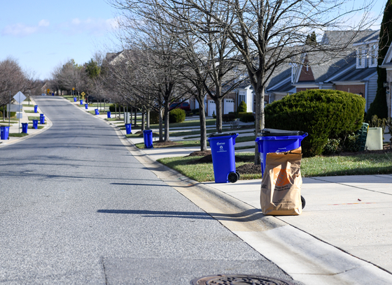 wheeled recycling carts and paper yard trim bags at curb