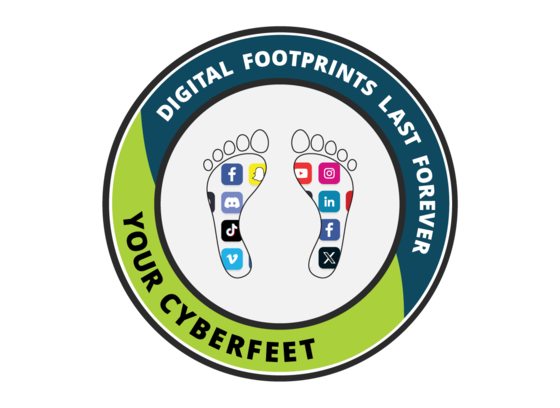 Logo for the "Your CyberFeet" Program. The logo shows two feet with various social media logos inside, and a circle around the feet that reads "Digital Footprints Last Forever: Your Cyberfeet."