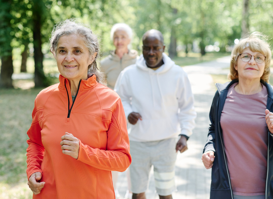 Group of 4 older adults walking outside together.