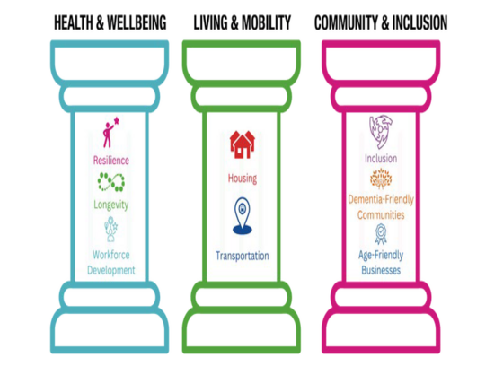 The three Age-Friendly Pillars of Livability as referenced in the 2025-2029 Action Plan. 
