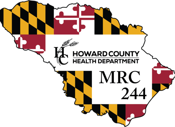 howard county map outline with maryland flag on the inside with text saying howard county health department MRC 244