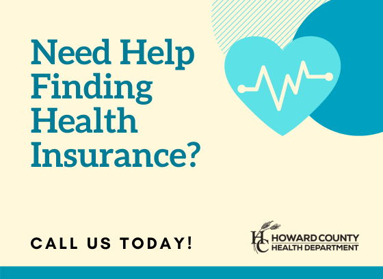 Need help finding health insurance? call us today. blue text on light yellow background with blue heart icon and HCHD logo