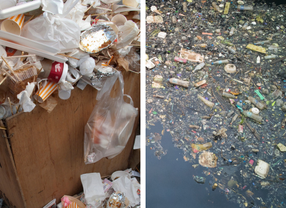 Left: overflowing trash bin. Right: water filled with trash