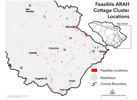 Howard County map depicting feasible locations for cottage clusters