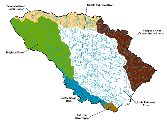 A color map of Howard County and its watersheds with labels.