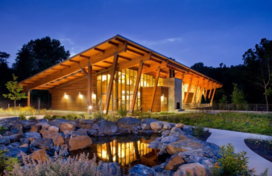 Robinson Nature Center at dusk with front pond
