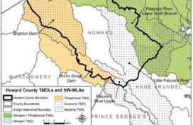 A color map of the Howard County boundary and the boundaries of its watersheds.