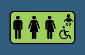 A green sign with black figures of a person in pants, person in a dress, person in a wheelchair, and baby on a dark blue background. 