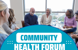 group of people sitting in a circle, talking and smiling. White text reads "Community health forum."